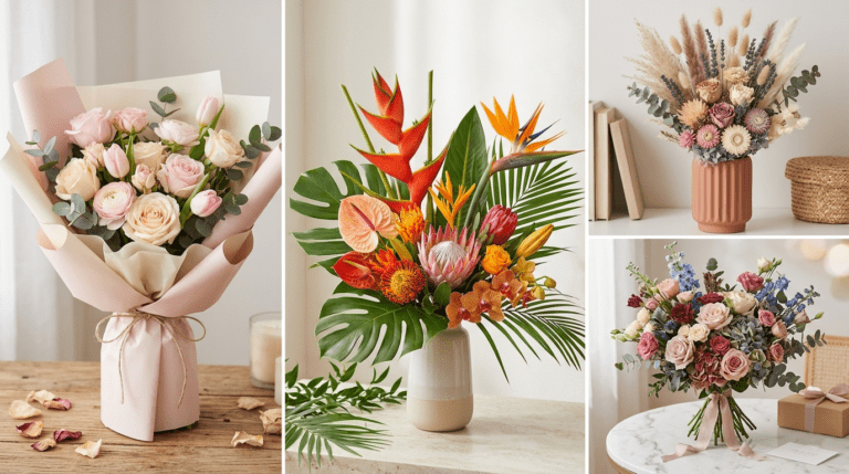 Modern and unique birthday flower arrangements featuring trending styles like minimalist bouquets, dried flower mixes, pastel-themed designs, and elegant box arrangements, creatively styled to offer a fresh and stylish gifting experience