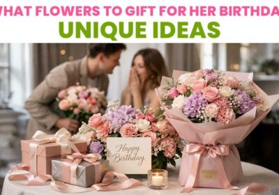 Beautiful unique birthday flower bouquet with roses, lilies, and pastel blooms arranged in a stylish gift wrap