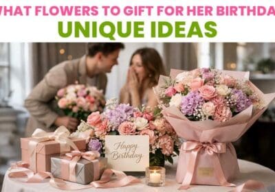 Beautiful unique birthday flower bouquet with roses, lilies, and pastel blooms arranged in a stylish gift wrap