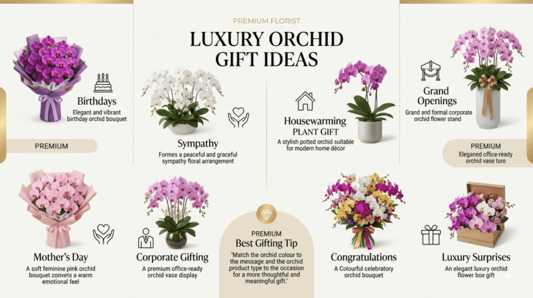 Best orchid flower gift ideas in Malaysia including elegant orchid bouquets, luxury orchid boxes, potted orchid plants, and romantic orchid arrangements for birthdays, anniversaries, Mother’s Day, and corporate gifting.