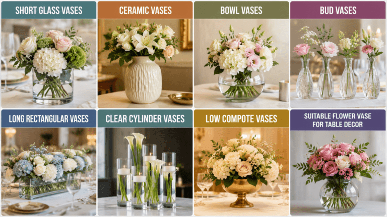 Collection of stylish flower vases including glass, ceramic, and modern centerpiece designs arranged on a table with fresh floral decorations.