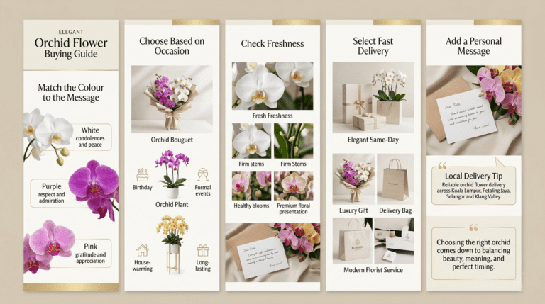 Woman choosing fresh orchid flowers online in Malaysia by checking orchid colour, bouquet style, flower freshness, delivery options, and elegant packaging for special occasions and gifting.