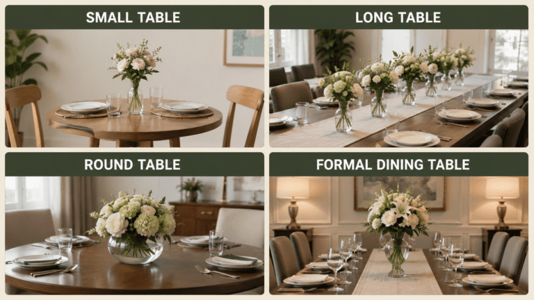 erfectly balanced flower vase arrangement on a dining table, showing how vase size complements different table sizes for elegant and comfortable decor.