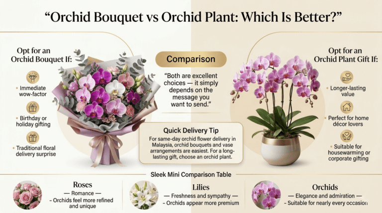 Comparison between an orchid bouquet and a potted orchid plant showing fresh orchid arrangements for gifting versus long-lasting orchid plants for home décor, celebrations, and corporate gifting in Malaysia