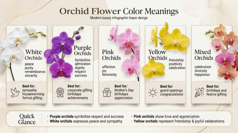 Beautiful orchid flowers in different colours including white, pink, purple, yellow, and blue orchids, each symbolising meanings like love, elegance, friendship, happiness, and admiration