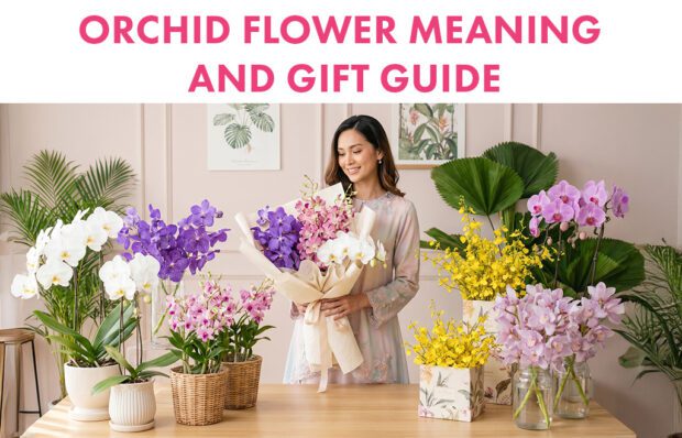 Elegant orchid flower gift arrangement in Malaysia featuring fresh white and purple orchids, symbolising luxury, admiration, and lasting love for birthdays, anniversaries, and special occasions