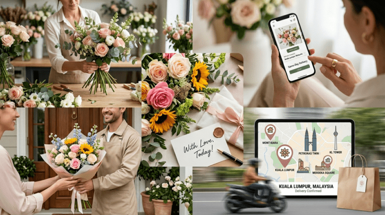 Person checking a flower delivery order checklist on a laptop with bouquet arrangements, calendar, address details, and payment confirmation on desk