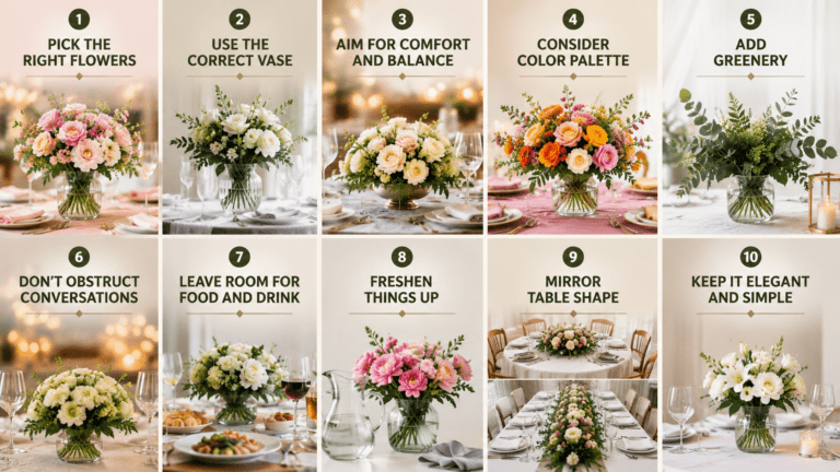 Simple floral arrangement checklist with fresh flowers, suitable vase, balanced table styling, color coordination, and elegant centerpiece preparation.