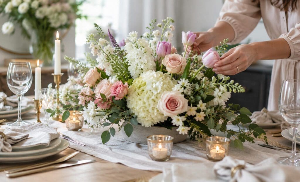 Elegant floral centerpiece arranged beautifully on a dining table with fresh flowers, stylish vase, and modern home decor ambiance.