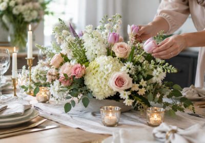 Elegant floral centerpiece arranged beautifully on a dining table with fresh flowers, stylish vase, and modern home decor ambiance.