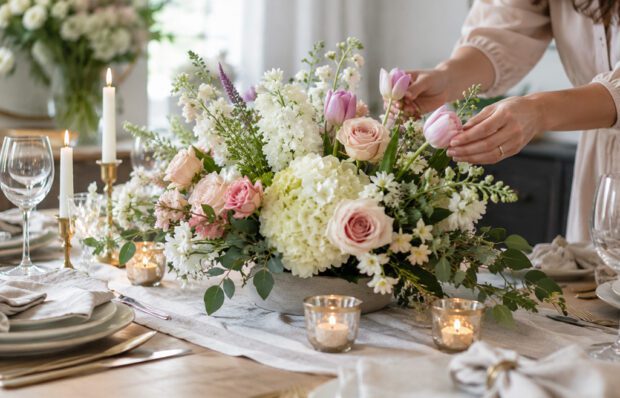 Elegant floral centerpiece arranged beautifully on a dining table with fresh flowers, stylish vase, and modern home decor ambiance.