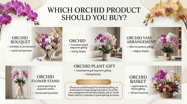 Different orchid gift products including orchid bouquets, luxury flower boxes, and potted orchids in Malaysia, perfect for birthdays, anniversaries, romantic surprises, corporate gifts, and home décor.