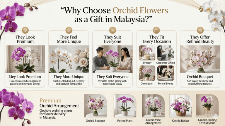 Elegant orchid flower gift arrangement in Malaysia symbolising luxury, beauty, and appreciation, perfect for birthdays, anniversaries, corporate gifting, housewarmings, and special celebrations
