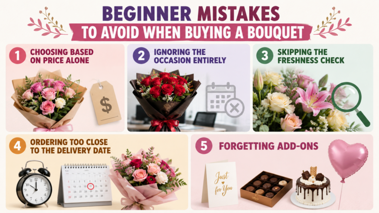 Florist arranging a colorful flower bouquet while highlighting common beginner mistakes to avoid, such as choosing wilted flowers, ignoring occasion suitability, and selecting the wrong bouquet size.