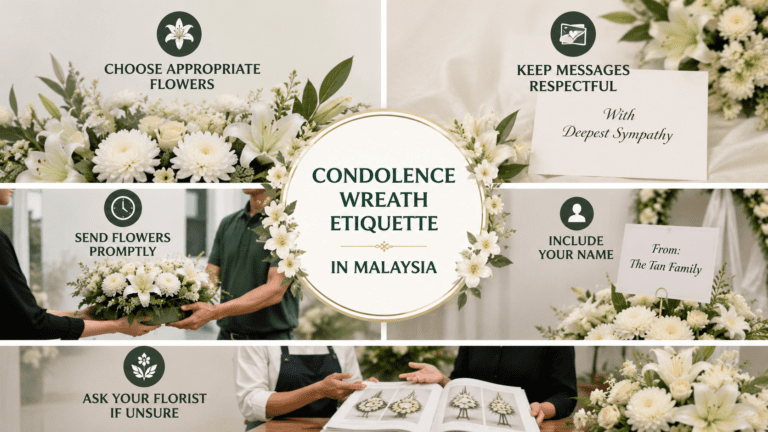 Elegant white condolence wreath with fresh flowers displayed respectfully at a funeral, reflecting Malaysian condolence traditions, sympathy, remembrance, and heartfelt respect.