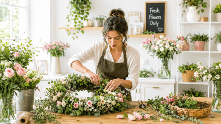 A florist carefully arranging a floral wreath in a bright, modern flower shop.
