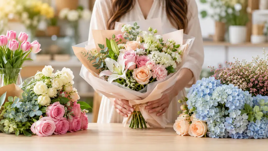 A beautiful assortment of fresh flowers arranged in an elegant bouquet, showcasing different colors and blooms, illustrating a beginner’s guide to choosing the perfect flower bouquet