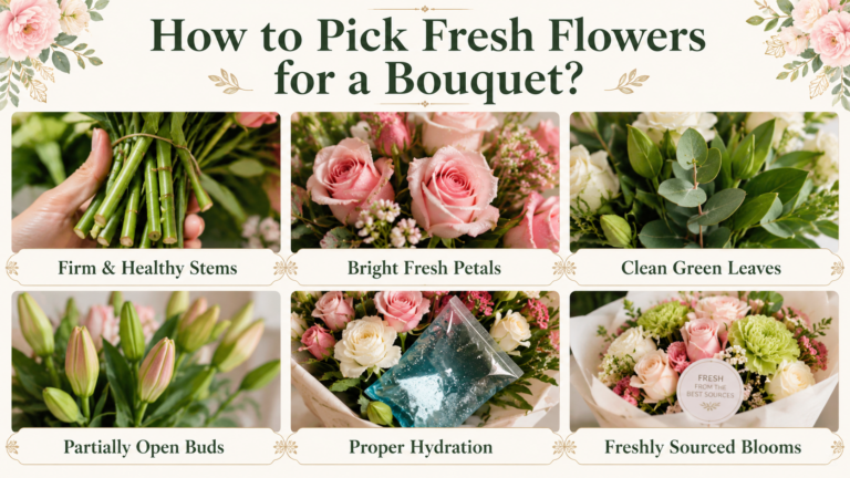 Close-up of fresh flowers with vibrant petals, firm stems, and healthy green leaves, demonstrating how to choose fresh blooms for a long-lasting bouquet.