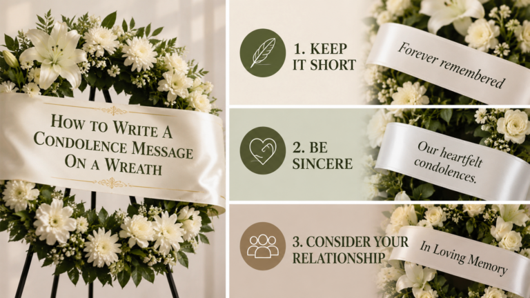 Close-up of a beautiful white funeral wreath with elegant flowers, representing heartfelt condolences, remembrance, sympathy, and respectful farewell.