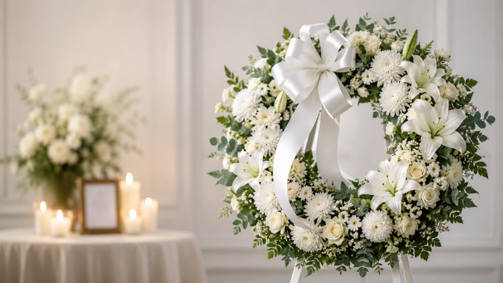 Elegant white condolence wreath with fresh flowers arranged for a funeral, symbolizing sympathy, remembrance, respect, and heartfelt condolences.