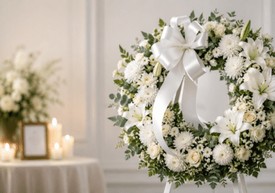 Elegant white condolence wreath with fresh flowers arranged for a funeral, symbolizing sympathy, remembrance, respect, and heartfelt condolences.