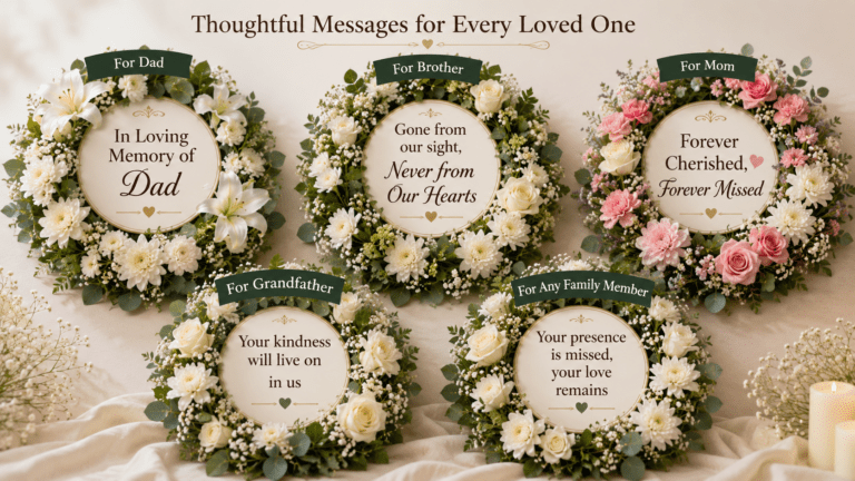 Condolence flower wreath with heartfelt funeral ribbon messages for dad, brother, and family members.