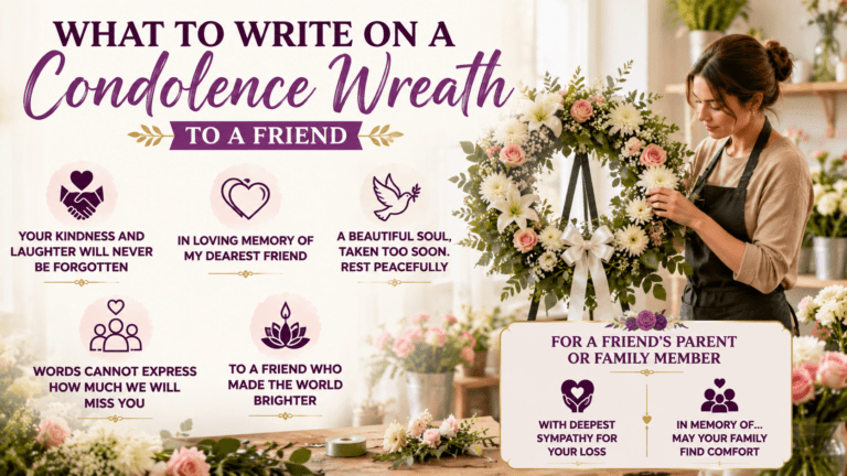A florist carefully arranges a beautiful white and pastel pink condolence wreath in a bright flower shop, with elegant headings about what to write on a condolence wreath for a friend displayed on the left against a clean, light background.