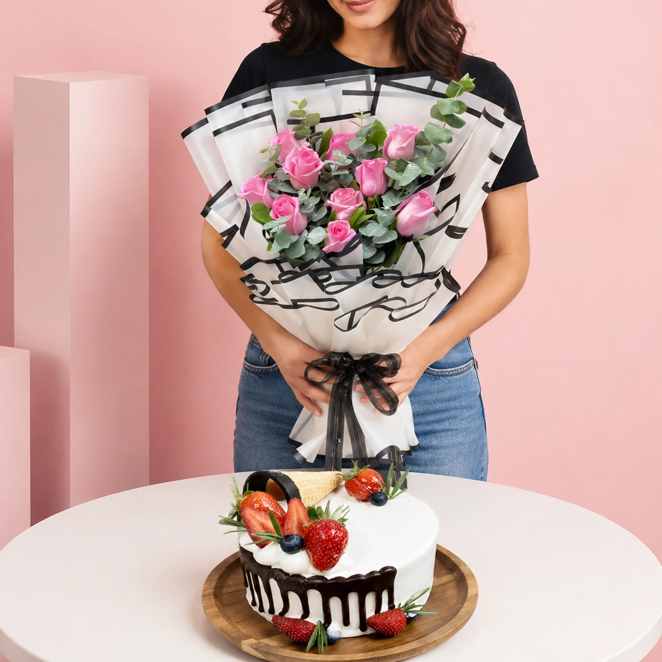 blueberry-cake-bouquet-combo Blueberry Cake & Bouquet Combo featuring a hand bouquet of 10 pink roses paired with a Purple Velvet Chiffon Cake filled with blueberry cream cheese for gifting and celebrations.