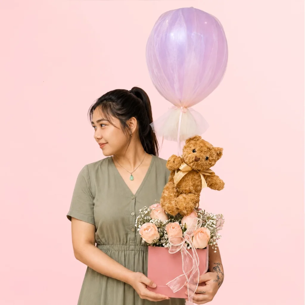 Peach Blossom & Teddy Combo featuring fresh peach roses, delicate gypsophila, and a cuddly teddy bear arranged as a charming gift for birthdays and special occasions.