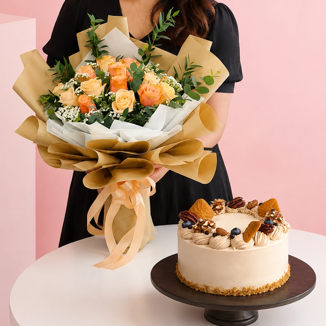 romantic-flowers-walnut-cake-combo Romantic Flowers Walnut Cake Combo featuring a hand bouquet of peach roses and greenery paired with a rich Coffee Walnut cake made with coffee chiffon, peanut butter, custard cream, and walnuts.