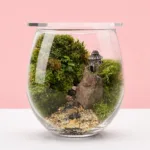 Zen Forest Glass Bowl Terrarium featuring lush green moss, natural stones, and a miniature forest-inspired landscape arranged inside a decorative glass bowl.