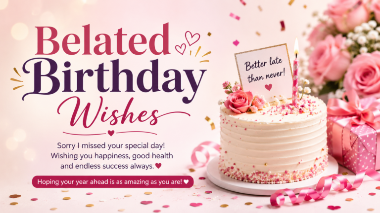 Elegant belated birthday celebration featuring a decorated cake, wrapped gifts, fresh flowers, and a thoughtful greeting card with festive décor.
