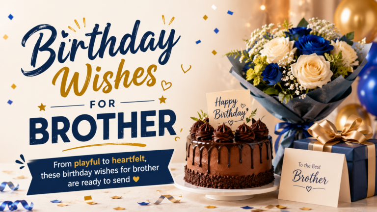 Festive birthday celebration featuring a decorated cake, colorful balloons, wrapped gifts, and cheerful decorations for birthday wishes for brother.