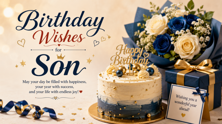 Joyful birthday celebration featuring a colorful birthday cake, wrapped gifts, balloons, and festive decorations for birthday wishes for son.