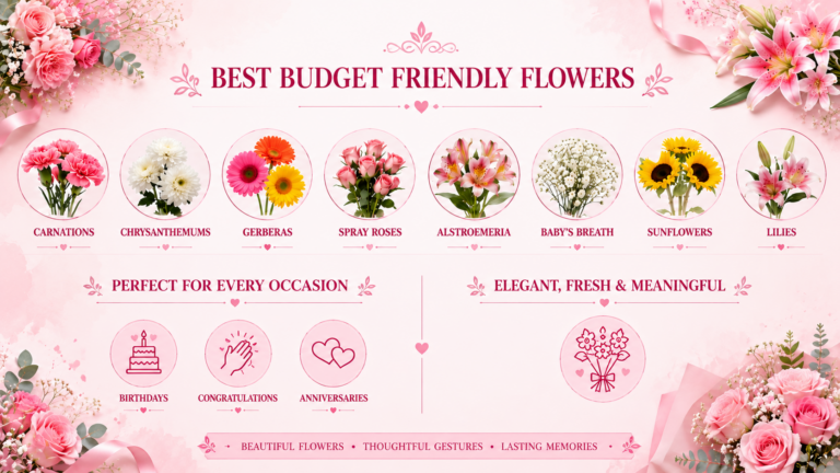 A collection of budget-friendly flowers, including carnations, chrysanthemums, gerberas, spray roses, alstroemeria, baby's breath, sunflowers, and lilies, ideal for affordable bouquets and every special occasion.