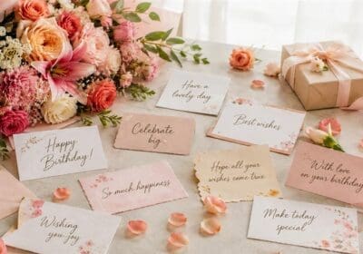 Colorful birthday celebration scene with a decorated cake, wrapped gift boxes, vibrant balloons, fresh flower bouquet, and a greeting card on a festive background. Perfect banner image for 'Happy Birthday Wishes – 100+ Messages for Everyone.