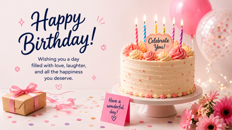 Birthday cake with colorful balloons, wrapped gifts, and festive decorations celebrating happy birthday wishes.