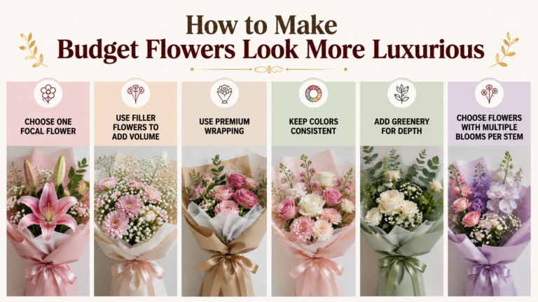Elegant flower bouquets showing simple ways to make budget flowers look more luxurious using premium wrapping, greenery, filler flowers, and coordinated colors.