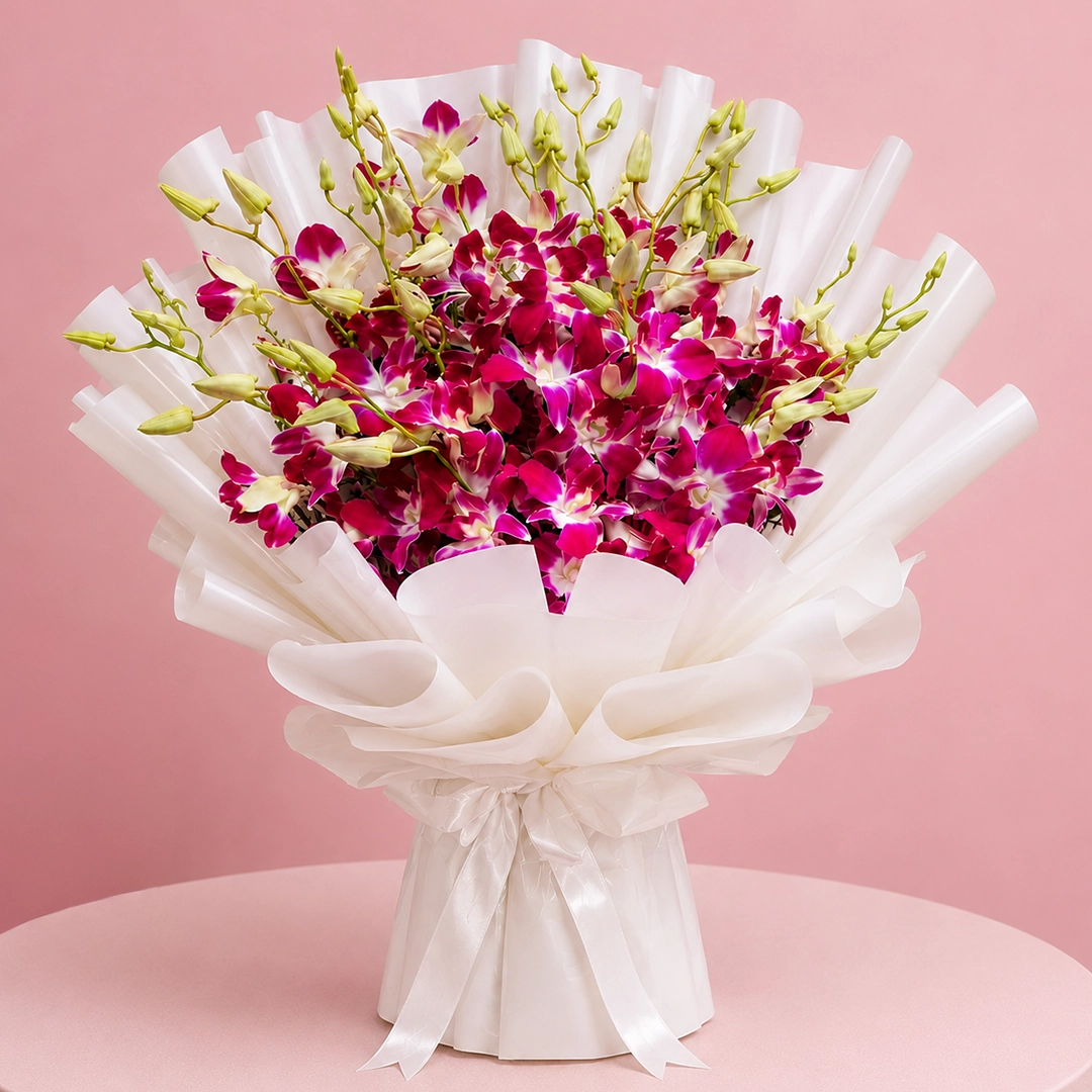 Royal-purple-orchid-bouquet 15 royal purple orchids with green accents wrapped in a white sheet.