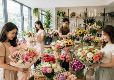 A bright and modern flower shop with customers browsing beautifully arranged budget-friendly flower bouquets. Colorful blooms, including lilies, chrysanthemums, gerberas, roses, orchids, and sunflowers, create a fresh and elegant shopping atmosphere.