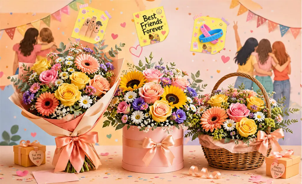 Colorful Friendship Day flower arrangements with bouquets, flower box, and basket, perfect for every type of friend.