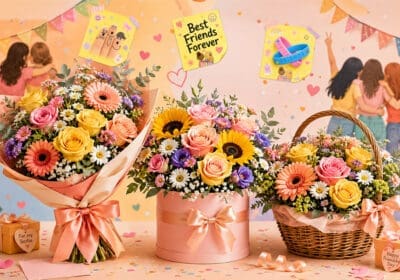 Colorful Friendship Day flower arrangements with bouquets, flower box, and basket, perfect for every type of friend.