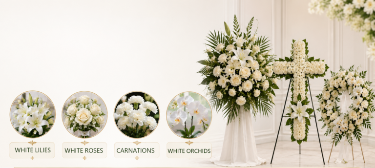 Elegant Christian funeral flower banner featuring white lilies, roses, carnations, orchids, and standing floral tributes, highlighting suitable condolence flowers with a soft cream background.