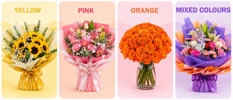 Friendship flower color guide featuring yellow, orange, pink, and mixed-color bouquets symbolizing friendship.
