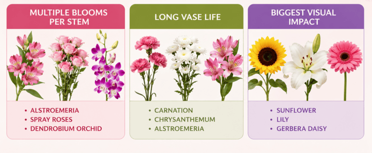 Comparison of budget-friendly flowers highlighting the best value choices for multiple blooms per stem, long vase life, and bold visual impact.
