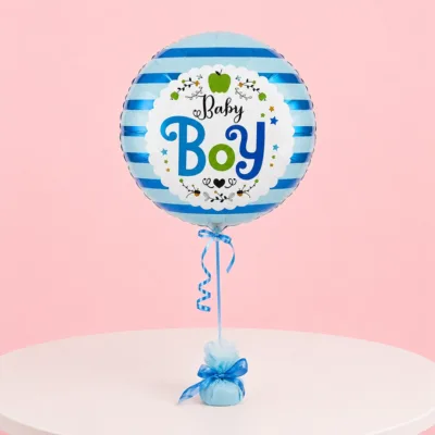 Round blue foil balloon with "It's a Baby Boy" message