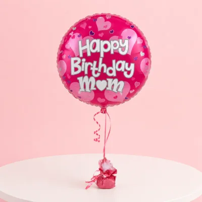 Pink heart Happy Birthday Mom round balloon