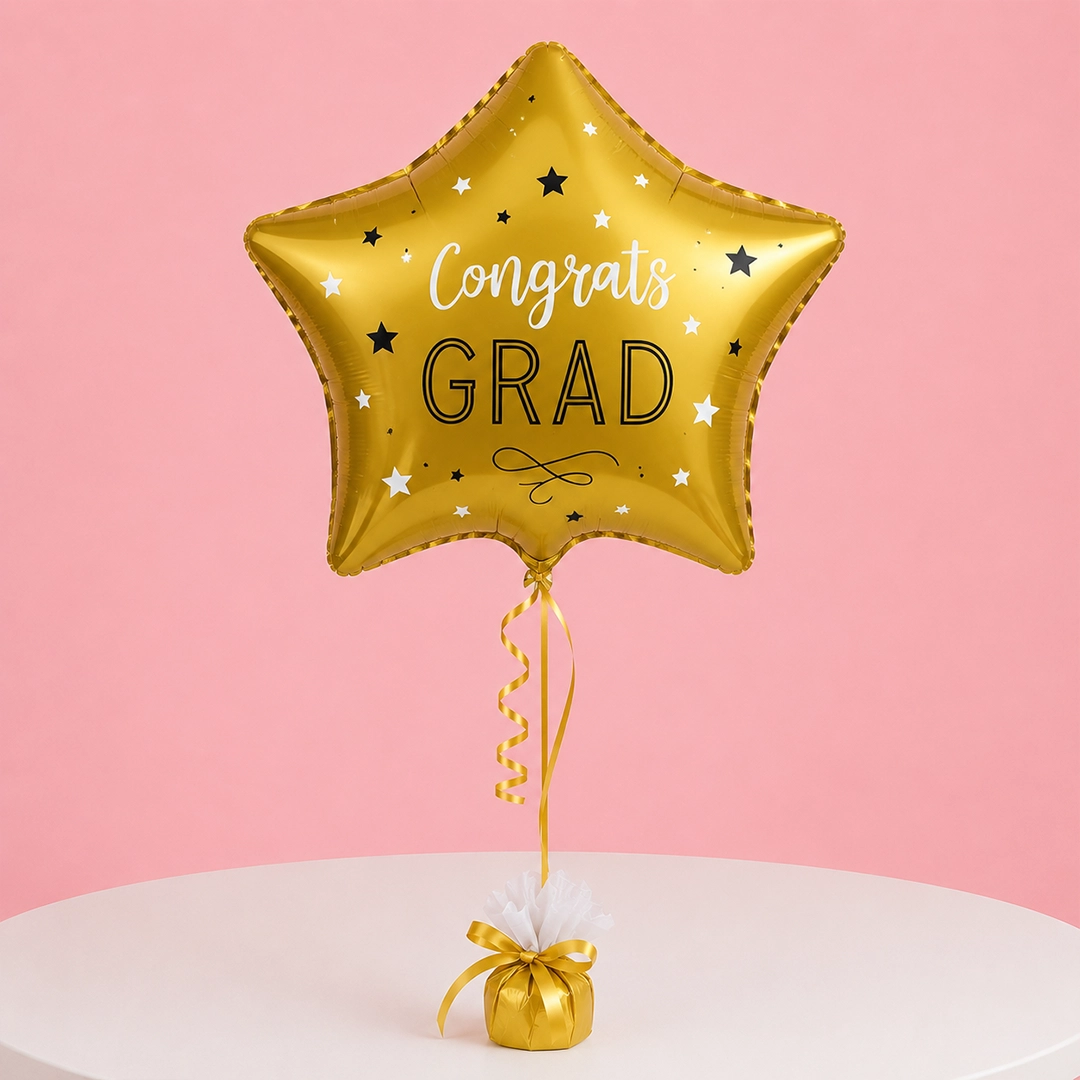 gold-congrats-grad-star-balloon A star-shaped golden balloon with a 'Congrats Grad' printed text