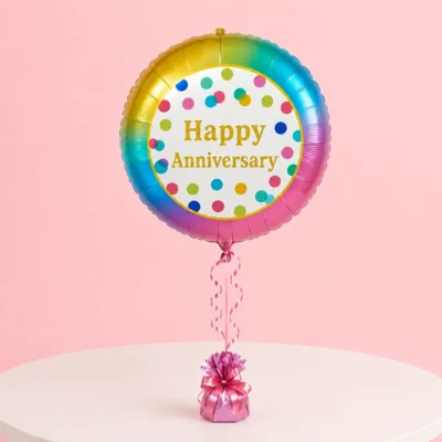 Colourful round foil balloon featuring Happy Anniversary message