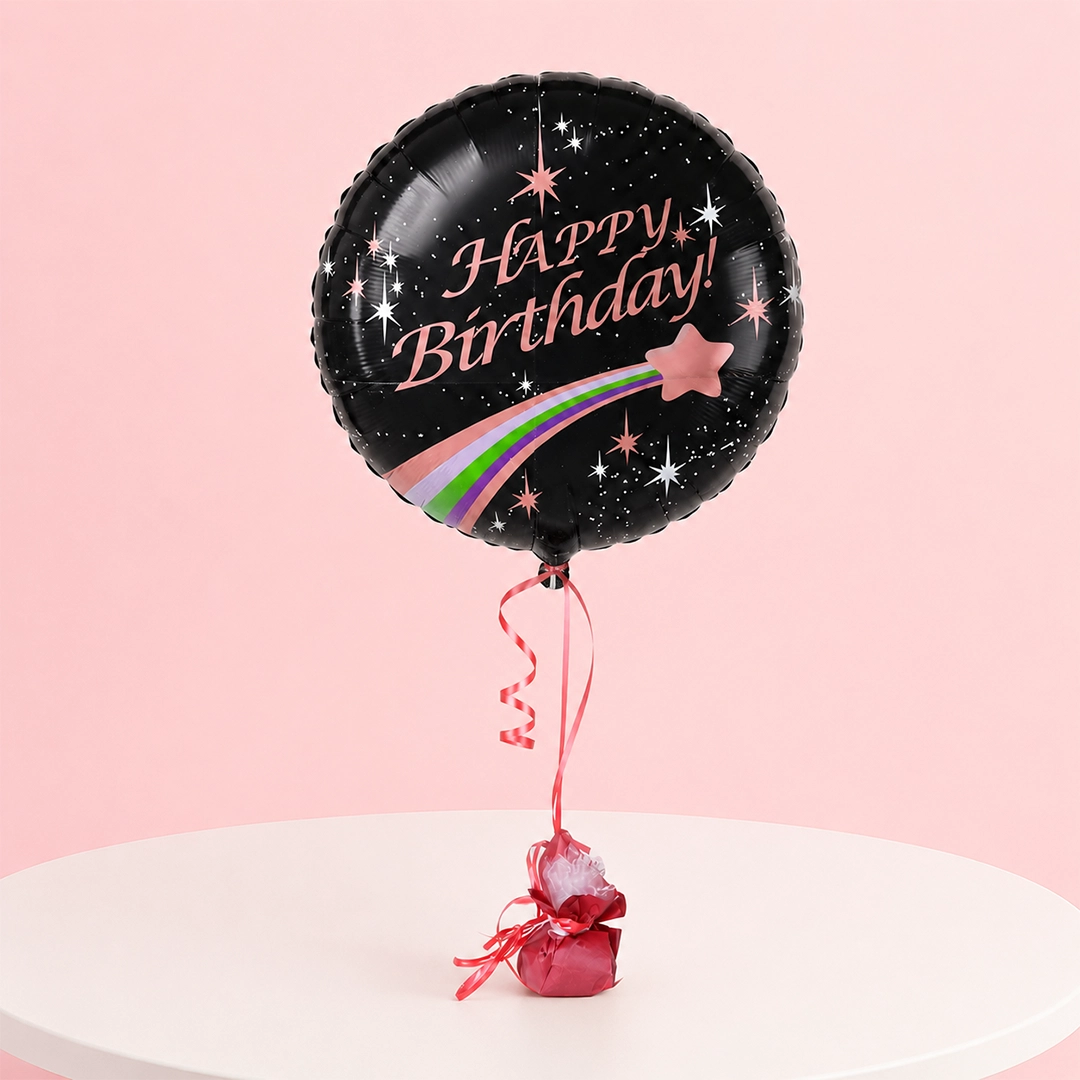 happy-birthday-foil-balloon One black round foil balloon with a Happy Birthday message